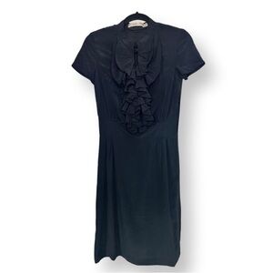 [ SO FRENCH ] Black 100% silk ruffle breast tailored shirt dress: MED : like new